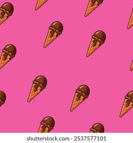 Cute seamless pattern of melted chocolate ice cream with cone. Ice cream motif background. Vector illustration