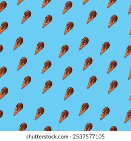 Cute seamless pattern of melted chocolate ice cream with cone. Ice cream motif background. Vector illustration