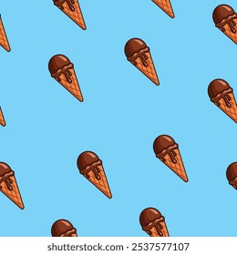 Cute seamless pattern of melted chocolate ice cream with cone. Ice cream motif background. Vector illustration