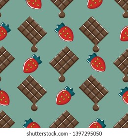 Cute seamless pattern with melting chocolate bars and red strawberries. Green background. Flat linear style illustration. Vector.