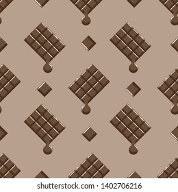 Cute seamless pattern with melting chocolate bars and small pieces of chocolate. Brown background. Flat linear style illustration. Vector.