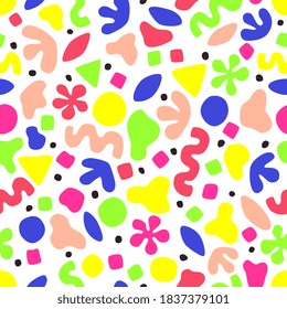 Cute seamless pattern. Memphis retro vintage style. Vector hand drawn artwork. Geometrical shapes. Happy birthday confetti. Red, pink, blue, green, yellow, black colors. Trendy template, print, banner
