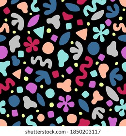 Cute seamless pattern. Memphis retro vintage style. Vector hand drawn artwork. Geometrical shapes. Red, pink, purple, yellow, blue, grey, beige, black colors. Trendy template, wrapping print, banner