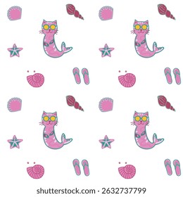 Cute seamless pattern with mermaid cats, shells, starfish, and beach elements on white — whimsical summer vector perfect for kids and stationery.