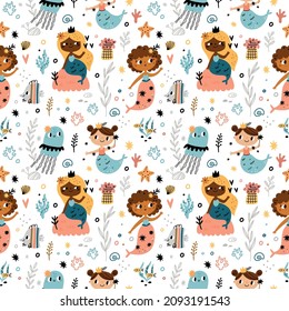 Cute seamless pattern mermaids. Funny multinational marine girls with fish tails, sea world animals, fairy creations, nautical repeat. Decor textile, wrapping paper