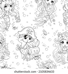 Cute seamless pattern with mermaids, a pirate and a treasure in black and white. Cartoon contour art for children's textiles, clothes, cards. Little mermaids in different poses