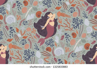 Cute seamless pattern with mermaids, plants, and shells. Can be used for baby t-shirt print, fashion print design, kids wear, baby celebration, fabric, and wrapping.
