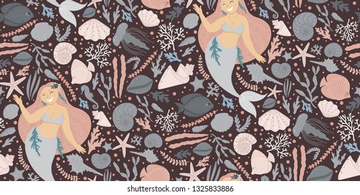 Cute seamless pattern with mermaids, plants, and shells. Can be used for baby t-shirt print, fashion print design, kids wear, baby celebration, fabric, and wrapping.