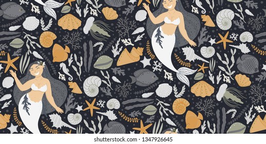 Cute seamless pattern with mermaids, plants, and shells. Can be used for baby t-shirt print, fashion print design, kids wear, baby celebration, fabric, and wrapping.