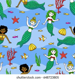 Cute seamless pattern with mermaids and sea creatures - starfish, coral, fish and waterseeds. Cartoon design. Vector pattern based on hand drawn art. For wallpaper, wrapping or textile print.