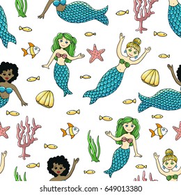 Cute seamless pattern with mermaids and sea creatures - starfish, coral, fish and waterseeds. Cartoon design. Vector pattern based on hand drawn art. For wallpaper, wrapping or textile print.