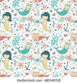 Cute seamless pattern with mermaids, starfish, algae and hearts.