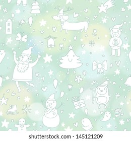 Cute seamless pattern with merry christmas elements: santa claus, snowman, tree, gingerbread man, dachshund, penguin, bell, stars, hearts. Happy new year vector background with bokeh effect. 2014 year
