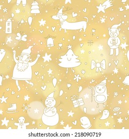 Cute seamless pattern with merry christmas elements: santa claus, snowman, tree, gingerbread man, dachshund, penguin, bell, stars, hearts. Happy new year vector background with bokeh effect. 2015 year