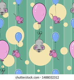 Cute Seamless Pattern. Mice with balloons. Vector illustration. 