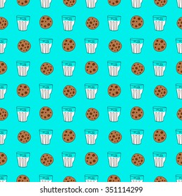 Cute seamless pattern with milk and cookies. Doodle food background in vector.