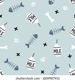 Cute seamless pattern with milk, paws, bones. Feline attributes. Vector childrens background.