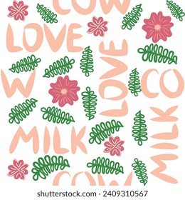 Cute seamless pattern of milk splashes and the inscription Milk, Cow, Love. Flat style for textile, packaging design