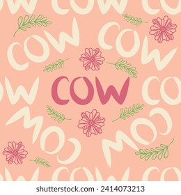 Cute seamless pattern of milk splashes and the inscription Milk, Cow, Love. Flat style for textile, packaging design