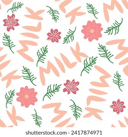 Cute seamless pattern of milk splashes and the inscription Milk, Cow, Love. Flat style for textile, packaging design