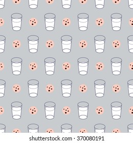 Cute seamless pattern with milk and sweet pink cookies in vector. Delicious creamy cakes with chocolate drops and glass with dairy drink ( milk, kefir, yogurt ). Healthy food. Flat design