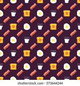 Cute seamless pattern with milk, toast, bacon and eggs. Cartoon food and drink background in vector