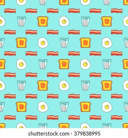 Cute seamless pattern with milk, toast, bacon and eggs. Cartoon food and drink background in vector