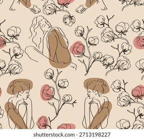 Nettes, nahtloses Muster, minimalistische Frauen, abstrakte Formen und zarte Blumenelemente. Weiche neutrale Töne schaffen eine moderne, feminine Ästhetik, die perfekt für Bekleidung, Loungewear und Verpackung ist.