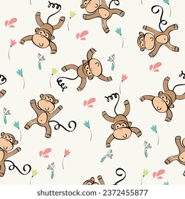Cute seamless pattern with cute monkeys. Exotic wallpaper for fabric, wrapping paper, etc