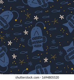 Cute seamless pattern with monkfish, small fish and starfish. Creative undersea childish background. Dark bachground.