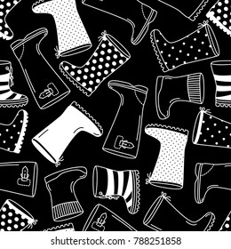 Cute seamless pattern with monochrome hand drawn rubber boots