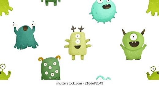 cute seamless pattern with monsters, childish illustration, baby design