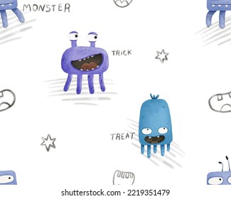 cute seamless pattern with monsters, childish illustration, baby design