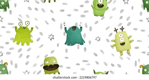 cute seamless pattern with monsters, childish illustration, baby design