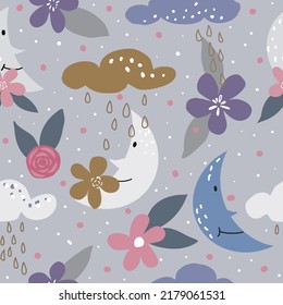 Cute seamless pattern with moon, clouds, rain, flowers and dots on gray background.Pattern for children's fabrics, products, backgrounds, packaging.