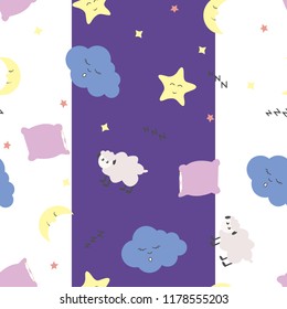 Cute seamless pattern with moon (crescent) and stars, pillow, sheep and clouds on white and purple background. For textile, fabric, linen, little girls, boys and babies clothes and pajamas.