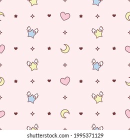 Cute seamless pattern of moon with hearts and winged stars, kawaii drawing