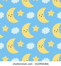 Cute seamless pattern with moon, stars and cloud on blue background