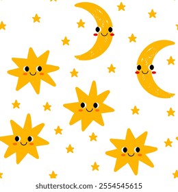 
Cute seamless pattern with moon and stars. Hand drawn vector illustration. Children's pattern for design and decoration.
