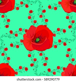 Cute seamless pattern with motley flowers. Motley flowers on green background.