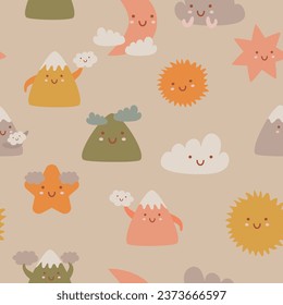 cute seamless pattern with mountains, hills, sun, clouds and stars