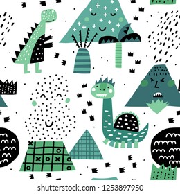 Cute seamless pattern with mountais and dino in scandinavian style. Creative vector childish background for fabric, textile, nursery wallpaper. Vector Illustration.