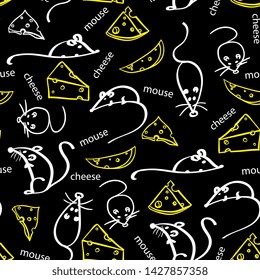 Cute seamless pattern with mouse and cheese. for paper, wrapping, fabrics. children background. artline, sketch style

