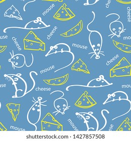 Cute seamless pattern with mouse and cheese. for paper, wrapping, fabrics. children background. artline, sketch style
