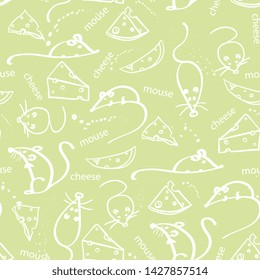 Cute seamless pattern with mouse and cheese. for paper, wrapping, fabrics. children background. artline, sketch style

