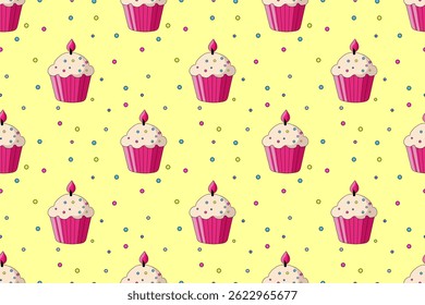 Cute seamless pattern of mouth-watering birthday cupcake and lots of colorful dragees. Sweet holiday gift, dessert. For packaging, textiles, website, background.