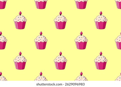Cute seamless pattern of mouth-watering birthday cupcake and lots of colorful dragees. Sweet holiday gift, dessert. For packaging, textiles, website, background.