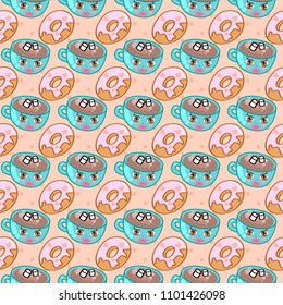 Cute seamless pattern with mugs and donuts. Cocoa with marshmallow. Idea for cafe. Cartoon character. Vector illustration