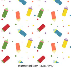 cute seamless pattern with multicolored baby milk bottles, perfect for children decoration