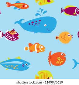 Cute seamless pattern with a multi-colored cartoon fishes